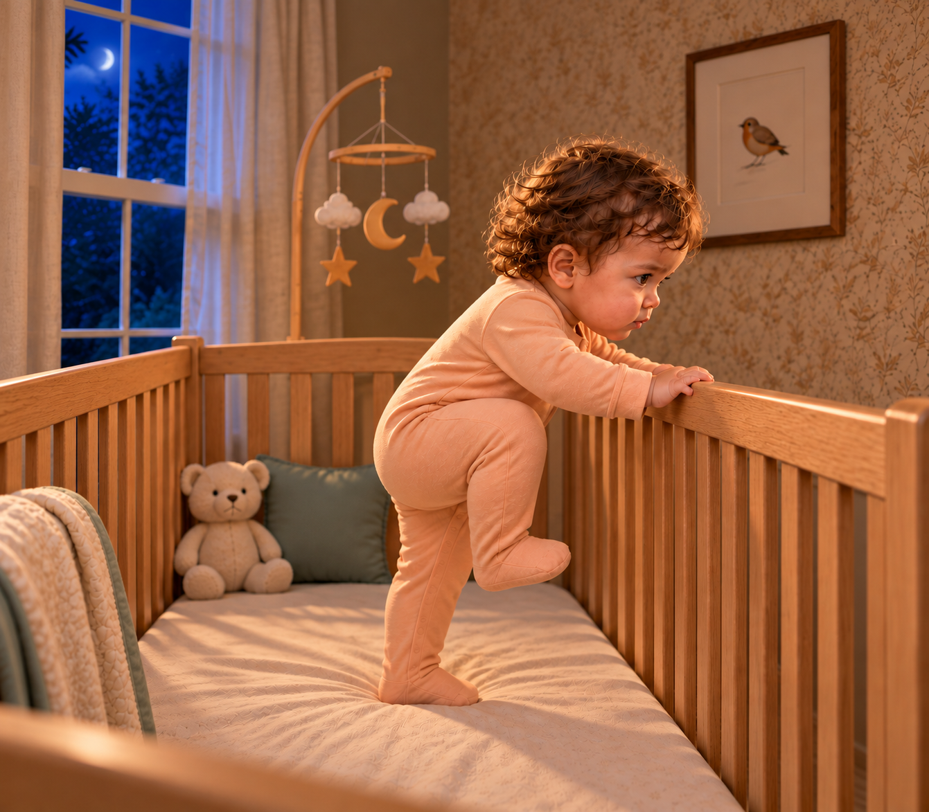 The determined baby grips the closed crib rail and lifts a knee in the warm nursery