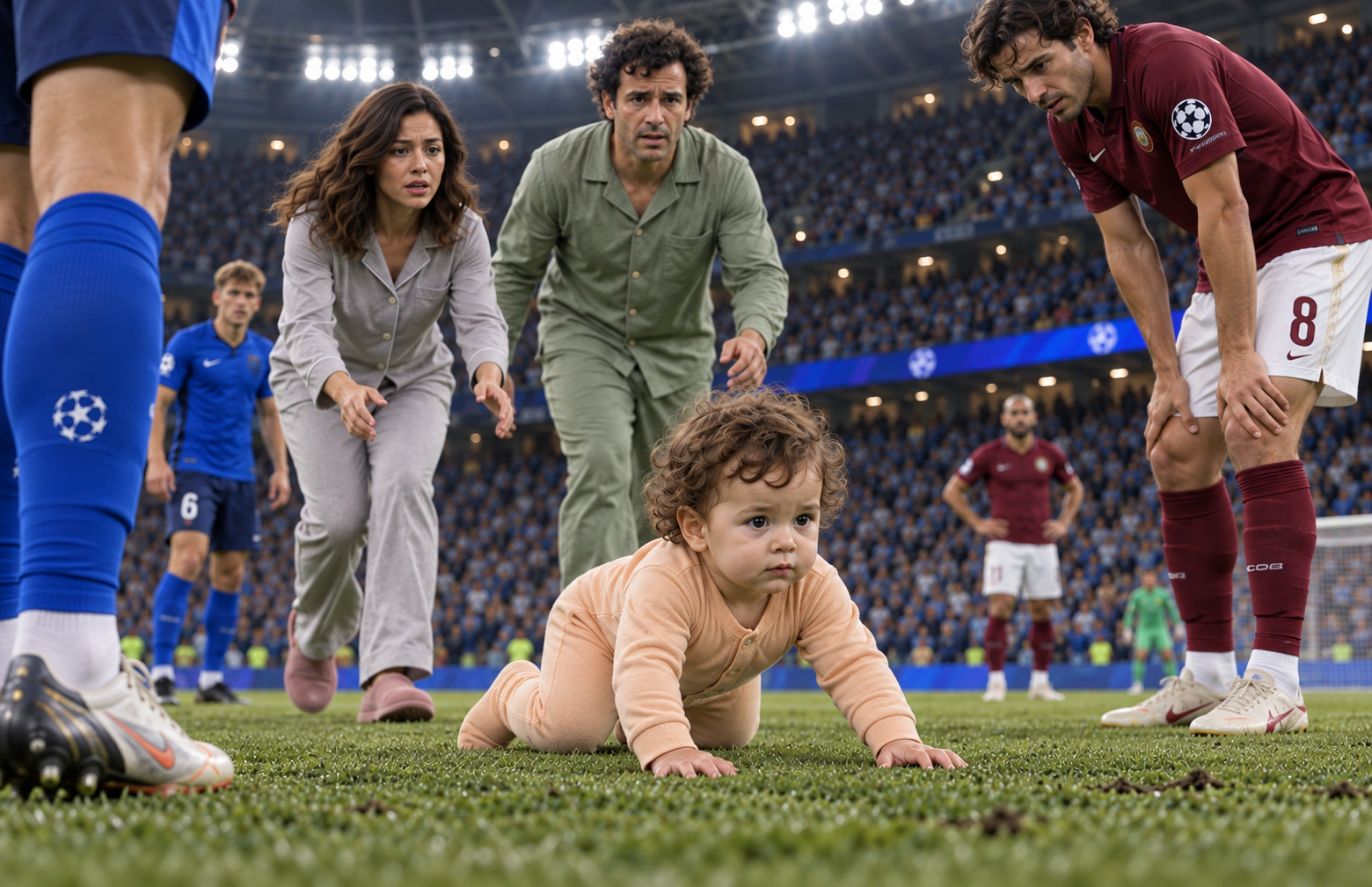 The baby crawls across the pitch as the parents approach and football players pause