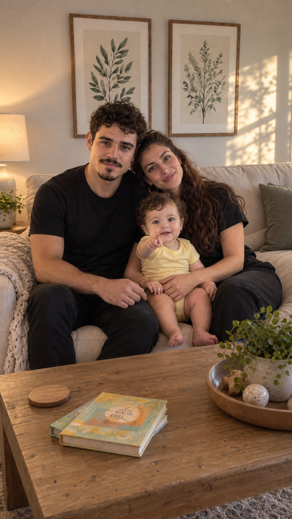 A sample family cuddles on the sofa, with their smiling baby in a yellow outfit