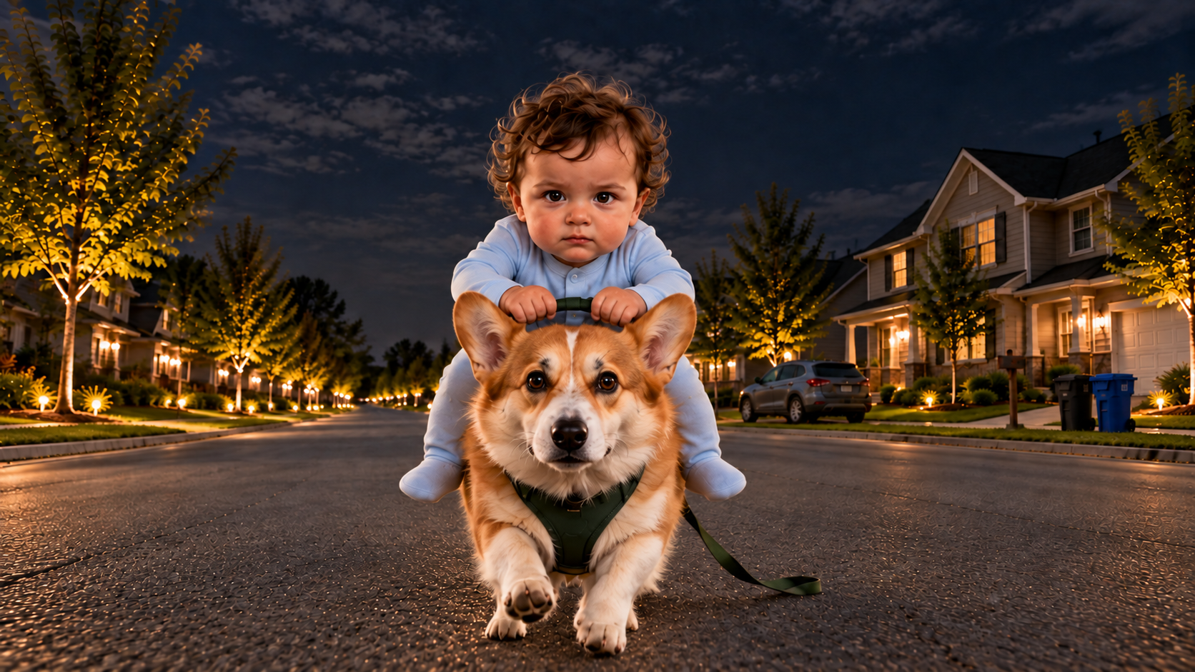 A baby in blue pajamas rides a corgi down a warmly lit neighborhood street at night