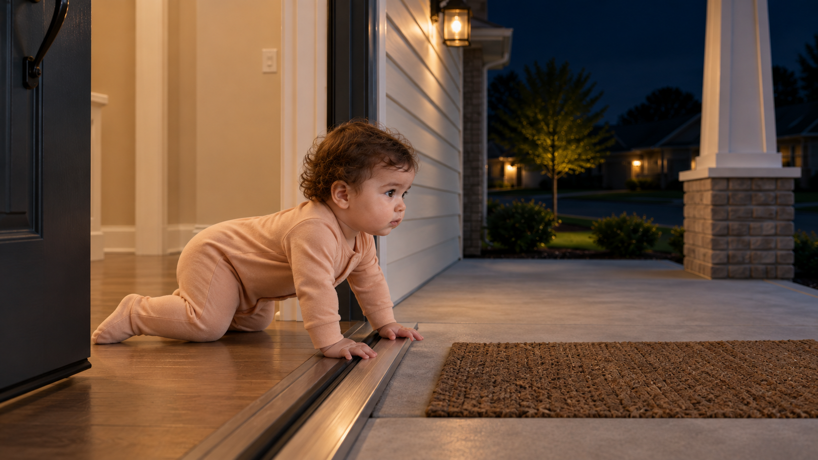 The baby crosses the front doorway into the night, intent on the adventure ahead