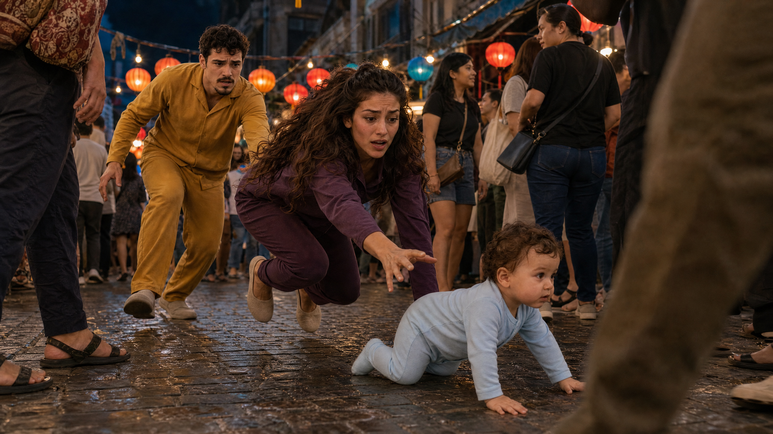 A baby in blue pajamas crawls through a lantern-lit market, with parents in mustard and plum pajamas close behind