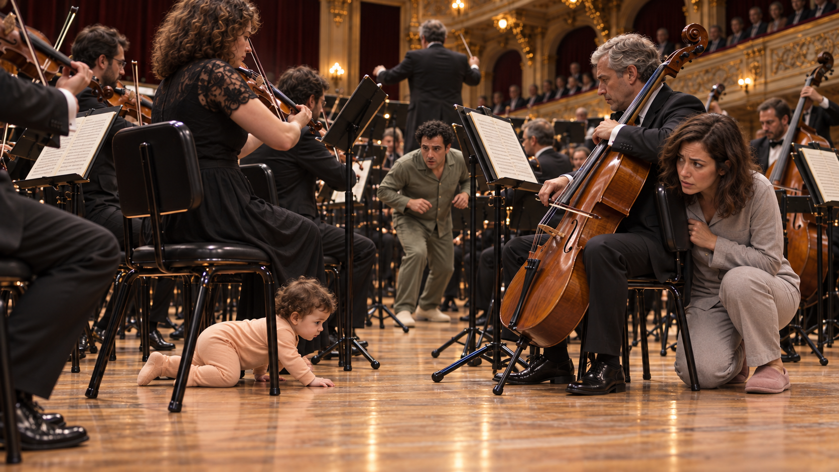 The baby crawls under an orchestra chair as the mother hides beside a cellist and the father follows